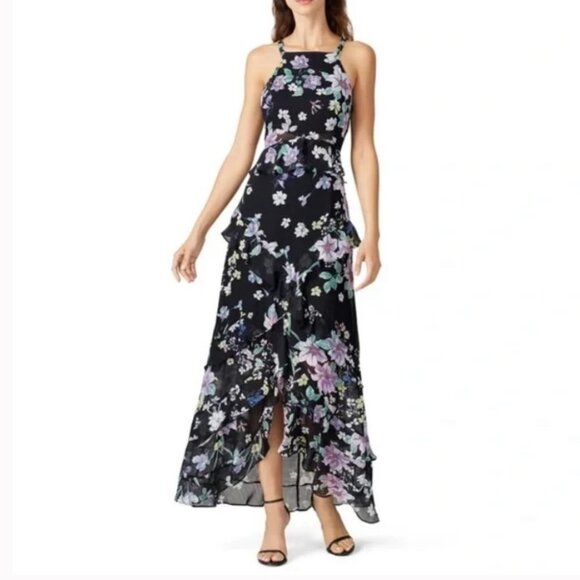 Great Jones Dresses & Skirts - Great Jones size 10 Floral Halter Ruffle Hem Maxi Dress Black Purple